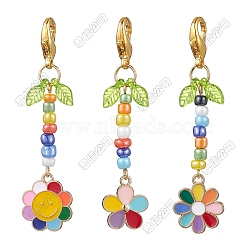 12Pcs 3 Styles Glass Seed Bead Pendant Decorations, with Alloy Enamel Flower Charms, Mixed Color, 64.5~66.5mm, 4pcs/style(HJEW-SZ00013)