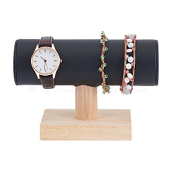 T-Shaped Bar PU Leather Bracelet Display Stands with Wooden Base, Tabletop Bracelet Organizer Holder, Black, 15.6x6.8x10.5cm(AJEW-WH0471-127A)