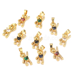 Brass Clear Cubic Zirconia Pendants, Long-Lasting Plated, Real 18K Gold Plated, Bear, Mixed Color, 17x11x4mm, Hole: 3.5x4mm(ZIRC-J025-81G)