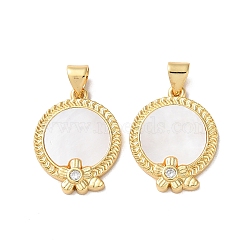 Brass Micro Pave Clear Cubic Zirconia Pendants, with Shell, Real 18K Gold Plated, Flat Round, Flower, 20.5x16x2mm, Hole: 2.5x4.5mm(KK-B083-16G-01)