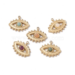 Natural Mixed Stone Pendants, with Ion Plating(IP) Real 24K Gold Plated 304 Stainless Steel Findings, Horse Eye Charm, 15x18x3.5mm, Hole: 1.5mm(STAS-H168-08G)