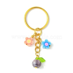 Flower Glass & Polymer Clay Pendant Keychain, with Iron Split Key Rings, Dark Gray, 6.5cm(KEYC-JKC00639-02)