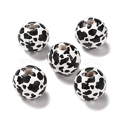 Printed Wood European Beads, Large Hole Beads, Round with Cow Grain Pattern, Dyed, Black, 16x15mm, Hole: 4mm(WOOD-F011-06)