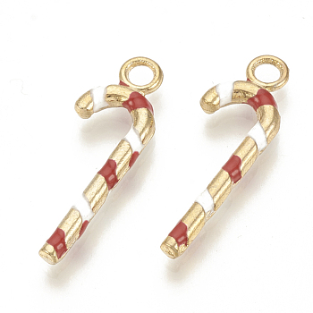 Alloy Enamel Pendants, Cadmium Free & Lead Free, Candy Cane, Light Gold, Red, 26x9x2.5mm, Hole: 2mm