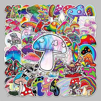 50Pcs Rainbow Color PVC Waterproof Cartoon Stickers, Self-adhesive Plant Decals, for Suitcase, Skateboard, Refrigerator, Helmet, Mobile Phone Shell, Mushroom Pattern, 55~85mm