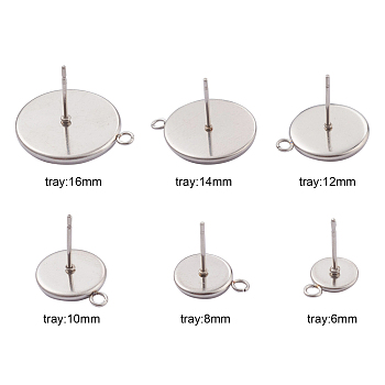 48Pcs 6 Size 304 Stainless Steel Stud Earring Settings, with Loop, Flat Round, Stainless Steel Color, 11~21x8~18x1.5~2mm, Hole: 1.8mm, Tray: 6~16mm, Pin: 0.8mm, 48pcs/box