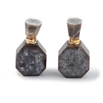 Electroplated Natural Druzy Agate Openable Perfume Bottle Pendants, Faceted Perfume Bottle Charms, with Golden Tone Brass Findings, Gray Plated, 35~37.5x20x13.5~14.5mm, Hole: 1.8mm