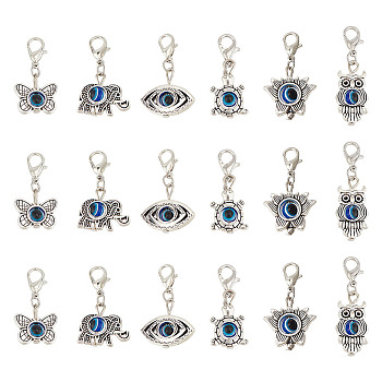 10 Sets Evil Eye Pendant Decorations, Alloy & Resin Lobster Clasp Charms, Lotus Flower & Owl & Elephant & Eye & Butterfly & Tortoise, Antique Silver & Platinum, 29~36mm, 6pcs/set