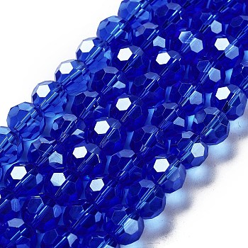 Electroplate Transparent Glass Beads Strands, Faceted, Round, Pearl Luster Plated, Blue, 10mm, Hole: 1.2mm, about 65~69pcs/strand, 23.03~24.49 inch(58.5~62.2cm)