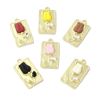 Rack Plating Spray Painted Alloy Pendants, with Rhinestone, Cadmium Free & Nickel Free & Lead Free, Rectangle with Flower, Golden, 30x17x5mm, Hole: 2.2mm
