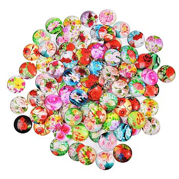 Flower Printed Glass Cabochons, Half Round/Dome, Mixed Color, 25x7mm, 100pcs/box