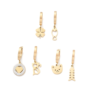3 Pair 3 Style Heart & Bear & Fish & Clover Crystal Rhinestone Asymmetrical Earrings, Ion Plating(IP) 304 Stainless Steel Dangle Hoop Earrings for Women, Golden, 23~29mm, Pin: 1mm, 1 Pair/style