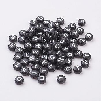 Mixed Letters Acrylic Beads, Flat Round, Black, about 7mm in diameter, 4mm thick, hole: 1mm, about 350pcs/50g