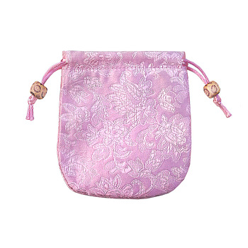 Chinese Style Flower Pattern Satin Jewelry Packing Pouches, Drawstring Gift Bags, Rectangle, Plum, 10.5x10.5cm