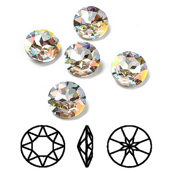 Light AB Style Glass Rhinestone Cabochons, Pointed Back & Back Plated, Faceted, Flat Round, Light Crystal AB, 14x6.9mm