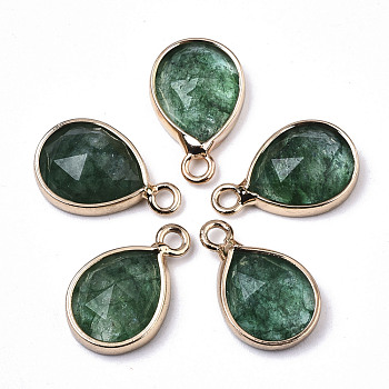 Glass Charms, with Light Gold Tone Brass Findings, Teardrop, Faceted, Sea Green, 14x9x4.5mm, Hole: 1.5mm