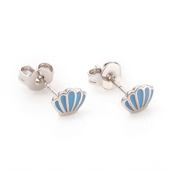 Brass Ear Studs, with Enamel, Ear Nuts and 925 Sterling Silver Pins, Shell Shape, Light Sky Blue, Platinum, 4.5x6x1mm, Pin: 0.7mm