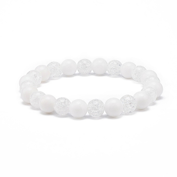 Natural White Jade & Synthetic Crackle Quartz Round Beaded Stretch Bracelet for Women, Snow, Inner Diameter: 2-1/8 inch(5.4cm), Beads: 8mm