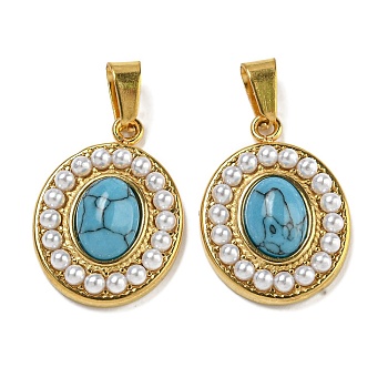 Ion Plating(IP) 304 Stainless Steel Pave Synthetic Turquoise Pendants, with ABS Plastic Pearl, Golden, Oval, 19x14x5mm, Hole: 5x3mm