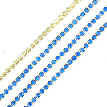 Brass Rhinestone Strass Chains, Rhinestone Cup Chain, Imitate Luminous Style, Raw(Unplated), Capri Blue, 1.5x1.5mm, about 18.70 Feet(5.7m)/Strand