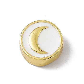 Real 18K Gold Plated Brass Enamel Beads, Long-Lasting Plated, Cadmium Free & Lead Free, Flat Round with Moon, White, 11x4.5mm, Hole: 1.8mm
