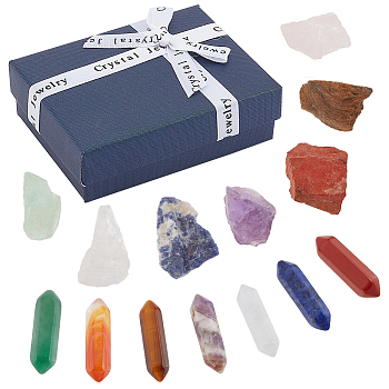 Natural Nanairo Gemstone Gift Box, Include Amethyst, Quartz Crystal, Green Aventurine, Lapis Lazuli, Carnelian, Red Jasper, Tiger Eye, Nuggets & Hexagonal Bullet, Mixed Color, 21~34x9~22.5x8~34mm, 14pcs/box