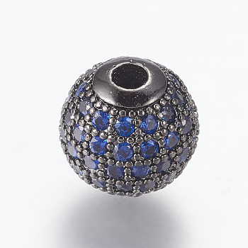 Brass Micro Pave Cubic Zirconia Beads, Round, Gunmetal, Prussian Blue, 10mm, Hole: 2mm