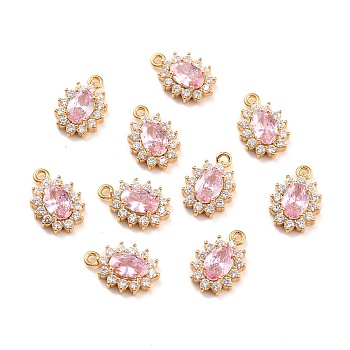Real 18K Gold Plated Brass Micro Pave Cubic Zirconia Charms, Cadmium Free & Nickel Free & Lead Free, Oval, Pink, 12x8x3mm, Hole: 1.2mm