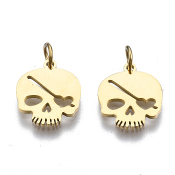 304 Stainless Steel Charms, with Jump Rings, Laser Cut, Skull, for Halloween, Real 14K Gold Plated, 11x9.5x1mm, Jump Ring: 3.8x0.6mm, 2.6mm inner diameter