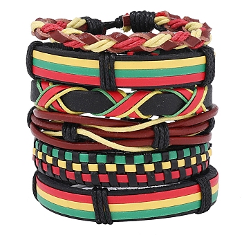 6Pcs 6 Style Adjustable Braided Imitation Leather Cord Bracelet Set with Waxed Cord for Men, Mixed Color, Inner Diameter: 2~3-1/8 inch(5.2~8cm), 1Pc/style