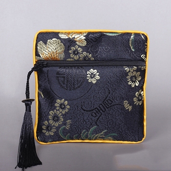 Square Chinese Style Cloth Tassel Bags, with Zipper, for Bracelet, Necklace, Slate Gray, 11.5x11.5cm