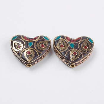 Handmade Indonesia Beads, with Brass Findings, Nickel Free, Heart, Unplated, Colorful, 29x31.5x8.5mm, Hole: 2mm