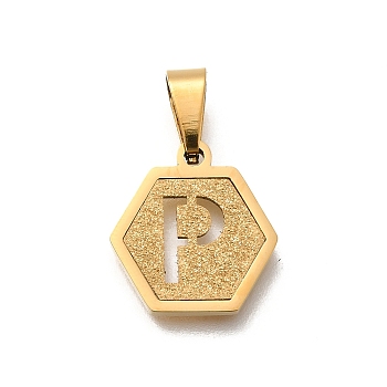 304 Stainless Steel Charms, Real 18K Gold Plated, Hexagon with Letter Charm, Letter P, 15x14x1.5mm, Hole: 3x5.5mm