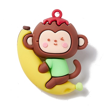 PVC Plastic Cartoon Pendants, Monkey with Banana, Yellow, 49x40x21mm, Hole: 3mm