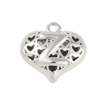 Hollow Brass Pendants for Valentine's Day, Heart with Letter, Real Platinum Plated, Letter Z, 25x26x13mm, Hole: 2.5mm