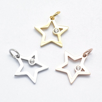 316 Surgical Stainless Steel Pendants, with Cubic Zirconia, Long-Lasting Plated, Star, Clear, Mixed Color, 14x14x2mm, Hole: 3mm
