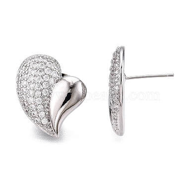 Left and Right Heart Brass Pave Clear Cubic Zirconia Stud Earrings(EJEW-M258-040P)-3