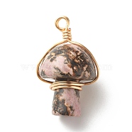 Natural Rhodonite Pendants, with Real 18K Gold Plated Eco-Friendly Copper Wire Wrapped, Mushroom, 28~32x16~17x16~17mm, Hole: 3mm(PALLOY-JF01134-03)