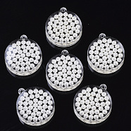 Transparent Acrylic Pendants, with ABS Plastic Imitation Pearl, Flat Round, White, 34.5x30x8mm, Hole: 2mm(X-TACR-R146-005)