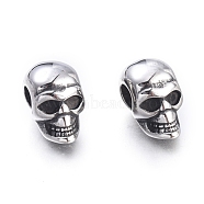 Halloween 304 Stainless Steel European Beads, Large Hole Beads, Skull Head, Antique Silver, 16x9.5x13mm, Hole: 5mm(STAS-F243-43AS)