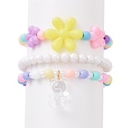 3Pcs 3 Style Acrylic Flower Beaded Stretch Bracelets Set with Bear Charms for Kids, Mixed Color, Inner Diameter: 1-7/8 inch(4.8cm), 1Pc/style(BJEW-JB09106)