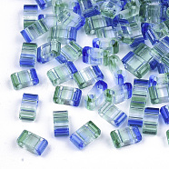 2-Hole Glass Seed Beads, Striped Seed Beads, Transparent Colours, Two Tone, Rectangle, Mauve, 4.5~5.5x2x2~2.5mm, Hole: 0.5~0.8mm(SEED-S023-38B-06)
