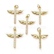Brass Micro Pave Clear Cubic Zirconia Pendants, with Jump Ring, Long-Lasting Plated, Cross with Wing, Real 18K Gold Plated, 25x21x3mm, Jump Rings: 5x1mm, 3mm Inner Diameter(ZIRC-L100-102G)