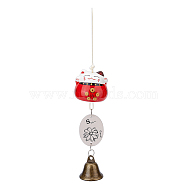 Porcelain Maneki Neko Wind Chimes, Alloy Bell Hanging Ornament for Landscape Outdoor Balcony Decoration, with Wood Lucky Card, Red, 265mm, Cat: 45x51mm(HJEW-WH0068-03A)