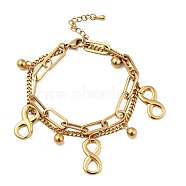 Infinity and Round Ball Charm Multi-strand Bracelet, Vacuum Plating 304 Stainless Steel Double Layered Chains Bracelet for Women, Golden, 7-1/2 inch(19cm)(BJEW-G639-06G)