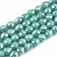 Opaque Glass Beads Strands, AB Color Plated, Faceted, Teardrop, Medium Sea Green, 4.5x4.5mm, Hole: 1mm, about 99~101pcs/strand, 17.64 inch~18.03 inch(44.8cm~45.8cm)(EGLA-T008-16F)