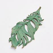 Tibetan Style Alloy Pendants, Feather, Antique Bronze & Green Patina, 86x38x2.5mm, Hole: 3mm(PALLOY-YW0001-36)