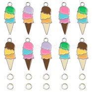Summer Theme Alloy Enamel Pendants, Ice Cream Charms, with Brass Open Jump Rings, Mixed Color, Charms: 26x10x1mm, hole: 2mm, 10pcs; Jump Rings: 20 Gauge, 4x0.8mm, Inner Diameter: 2.4mm, 10pcs(ENAM-YW0002-86P)
