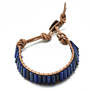 Cowhide Leather Cord Bracelets, with Column Natural Lapis Lazuli Beads and Alloy Findings, 9~11 inch(23~28cm)(BJEW-R309-01B-11)