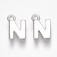 Brass Charms, Letter, Nickel Free, Real Platinum Plated, Letter.N, 8.5x5.5x1.5mm, Hole: 0.8mm(KK-S350-167N-P)